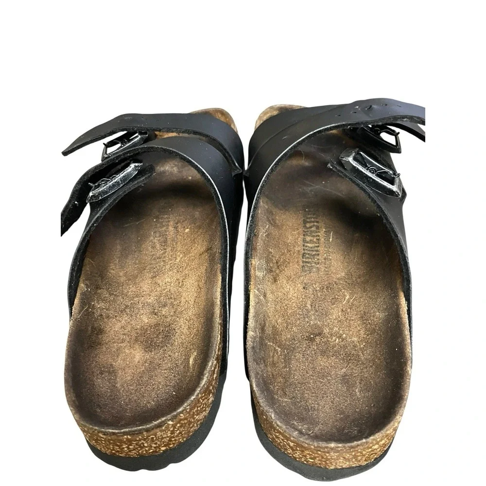 Birkenstock Arizona Black Leather Silver Buckle Comfort Slide Sandals  8-8.5 /39